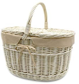 MyBer® flätad korg korg pilkorg med tyginlägg picknickkorg svampkorg bilkorg utflyktskorg 40/28/22 cm (38 cm med handtag) bärkorg med 2 lock helvide shoppingkorg flätad vit K13-027-W-SB