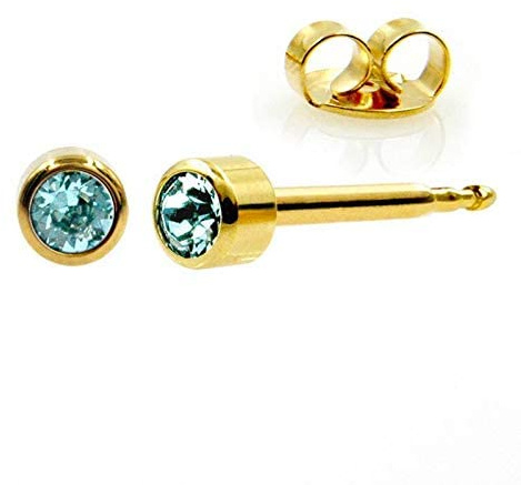 Mytoptrendz® Ear Piercing Studs Surgical Steel Gold Plated Sterile Stud Earrings Bezel Setting Birthstone Colour Crystal (Aquamarine)