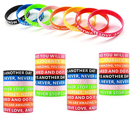 LTDOOIT 32pcs Silicone Motivational Wristbands for Men Women, Silicone Rubber Bracelet 8 Color Pink Black Red Blue Yellow with Inspirational Motivation Quotes for Football Gym Sport Party