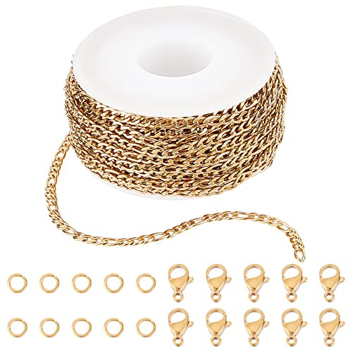 SUNNYCLUE gör-det-själv 10 m, 32,8 fot, 3 mm, guldkedja rulle, figarokedjor, rostfritt stål, kabelkedja, halsband, kedjor med bindringar, hummerlås, för kvinnor, vuxna, smyckestillverkning, kit,
