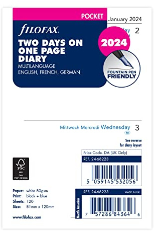 Filofax Pocket Englisch/Französisch/Deutsch zwei Tage pro Seite 2024 Tagebuch