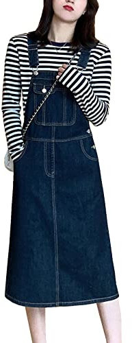 Yishengwan Vestito Salopette di Jeans Donna Gonna in Denim Corti Jeans Overall Salopette con Tasche Blu Scuro L