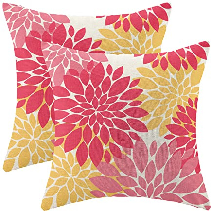 Decorative Preppy Pillow Covers 18x18 Inch Set of 2 Pink Yellow Dahlia Floral Decor Throw Pillows Summer Modern Geometry Flower Outdoor Decorative Cushion Cases for Sofa Couch Bed Decorations
