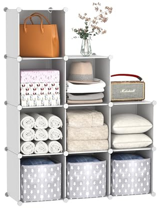 C&AHOME Cube Storage, 9-Cube Bookshelf, Plastic Closet Cabinet Organizer, DIY Stackable Bookcase, Modular Shelving Units Ideal for Home, Office, Kids Room, 36.6 L x 12.4 W x 48.4 H Milky UPCS09M