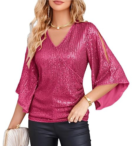 GRACE KARIN Damen Pailletten Bluse Festliche 3/4 Ärmel Elegante Oberteil | 3/4-lange Schlitzärmel im Cape-Stil, Überkreuzter V-Ausschnitt, Pailletten besetzt, Cocktail- und partytauglich