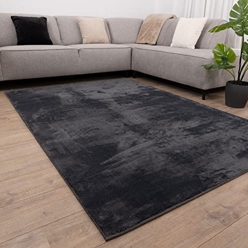 Omid Carpets Teppich Weicher Waschbarer Flachflorteppich mit Rutschfester Unterseite Omid Soft Comfort Waschbar bei 30° - Modern - Wohnzimmer - Salon - Schlafzimmer - Esszimmer (Anthrazit, 80x150cm)