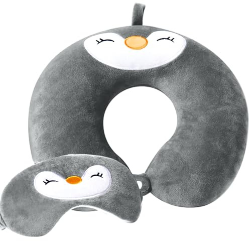 Twirush Oreiller de voyage en forme de U en mousse à mémoire de forme pour adultes et enfants avec adorable masque pour les yeux en forme de pingouin pour voiture