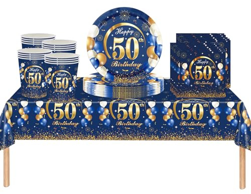 53 tovaglie in plastica, piatti di carta, tovaglioli e bicchieri per uomo, decorazioni per la tavola di compleanno, usa e getta, set da tavola per feste di compleanno per adulti, 53 pezzi, blu navy
