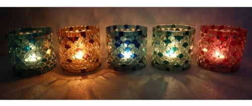 Orientalisches Mosaik-Windlicht Athen M 5ER Set Ø10cm rund in 5 Farben aus Glas Teelichthalter marokkanische Deko Kerzenleuchter Ramadan Deko WZ777-M
