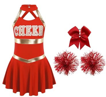 MSemis Mädchen Cheer Leader Cheerleading Kostüm 3 Stück Ärmellos Cheer Kleid mit Zubehör Kinder Party Bühnenauftritt Cosplay Outfit Rot 110-116