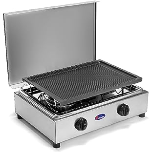 CFParker Fornello 2 fuochi a gas GPL in acciaio inox con piano estraibile corrredato di piastra in alluminio Made in Italy completo di regolatore di pressione e 1,5m. di tubo gas - FO200ACCGP