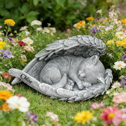 GiftYi Personalisierte Katze Engel Statuen schlafen Gedenkfiguren, Katze Engel Grab Marker Friedhof Dekoration für Grabsteine Katze Gedenksteine im Freien Garten