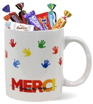 Tasse Merci - 20 chocolats KINDER, MILKA - cadeau maîtresse d'école | KINDER, MILKA, CÉLÉBRATION chocolat - cadeau maîtresse, maître d'école, ATSEM, nounou et merci de fin d'année scolaire