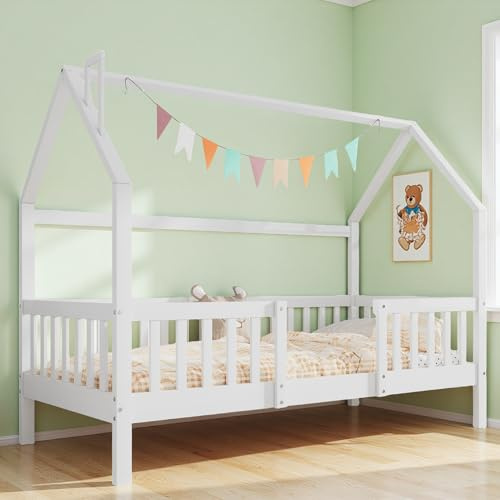 Sapgaks Kinderbett 90 x 200 cm,Hausbett 90 x 200 mit Schornstein,Kinderbett 90 x 200 mit Robuste Lattenroste,Bett mit Kiefernholz Haus,Bett for Kids,ohne Matratze,weiß