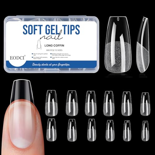 EODCI Nägel Tips Set 600 Stück Soft Gel Nagelspitzen Kit, Pre-Shaped Halbmatt tips nägel Gelly Nagelspitzen, Acryl Künstliche Nägel 12 Größen Long Coffin Nageltips für Aufkleben Nail Art DIY
