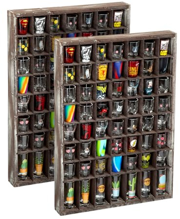 J JACKCUBE DESIGN - Shot Glasses Display Case(Set of 2) 56 Compartments Wall Mount Pint Glass Shadow Box Bar Cabinet Collection Freestanding - MK524AA