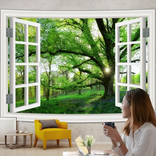 Hoisy XXL Wandteppich Wald Fenster, Wandteppich 350x256cm Natur Wandtuch Wald Jungle Fensterblick Bedroom