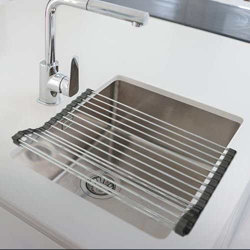 Home Vista Foldable Sink Rack with Silicone Coated Stainless Steel Dark Grey (13.78 X 17.72) - Portable Sink Rack Multipurpose Non-Slip Over Sink Drainer Rack - Roll Up Dish Drying Rack for Kitchen