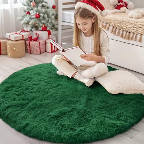 Homaxy Hochflor Waschbar Klein Teppich Wohnzimmer 120 cm Rund, Dunkelgrün
