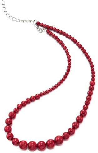 COOLSTEELANDBEYOND Vintage inspirierte Rote Perlen Statement Halskette für Damen, Kräftige Verlaufende Harzperlen, Retro Chunky Schmuck