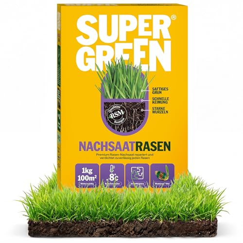 Supergreen Nachsaatrasen Rasensamen | Premium Nachsaat für dichten, sattgrünen Rasen | Schließt Lücken schnell & regeneriert Flächen | RSM Qualität & Mantelsaat® Vital | Schnellkeimend | 1kg