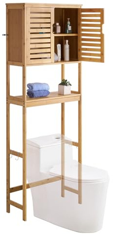 VEVOR Meuble de Rangement WC Hauteur 175 cm, Rangement au Dessus des Toilettes ou Machine à Laver, avec Double Porte et Étagère Intérieure Réglable, Armoire de Salle de Bain Gain de Place, Naturel
