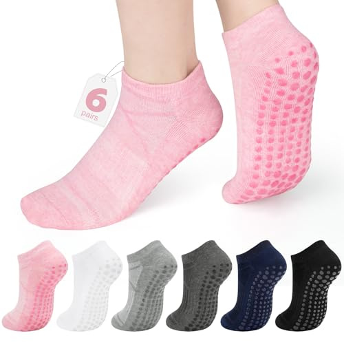 Pilates Grips Socks Womens 4-7 6 Pairs Yoga Slippers Non-slip Trainer | Grippy Soft Ladies Womens Ballet Socks for Dance Workout Fitness Barre Gym Trampoline Hospital Home