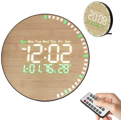 GOMETY Digitale Wanduhr in Holzoptik, 26,7 cm große LED-Wanduhr mit Fernbedienung, 24/12-Stunden-Anzeige für Uhrzeit, Datum, Temperatur und Luftfeuchtigkeit, für Büro, Schule, Fitnessstudio, Garage