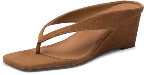 Athlefit Women's Low Wedge Sandals Trendy Dressy Square Open Toe Summer Beach Flip Flops Thong Heeled Sandals, Brown Suede, Size 8.5, SAPS2613W