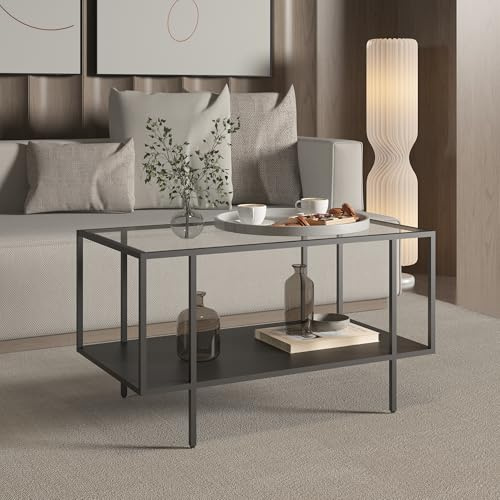 [en.casa] Mesa de Centro Nynna Mesa Baja de Sofá con Estante Inferior para Salón Mueble Auxiliar Estructura Estable con Tablero de Vidrio Templado 90 x 50 x 50 cm - Negro