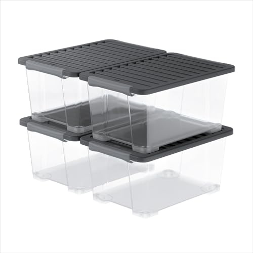 Rotho Core Plus, storage boxes, 44 litres, set of 4, sturdy plastic boxes with lids and lockable handles, food-safe, modular stackable, 59 x 39.5 x 28 cm (L x W x H), transparent, black
