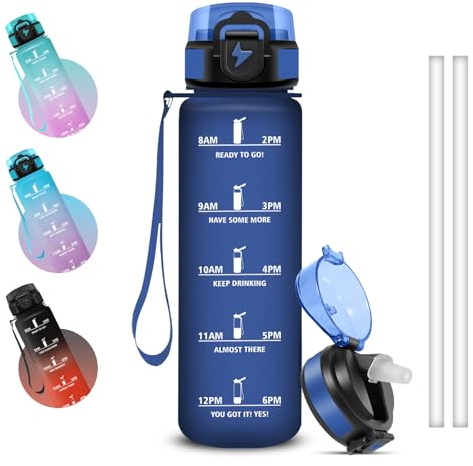 Grsta Gourde 1l, Anti Fuite Gourde Sport, Verrou de Sécurité, Gourdes Motivationnelle avec Paille, Bouteille d'eau avec Marqueur de Temps pour Bureau, l'école, Camping