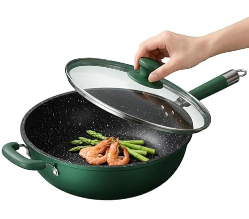 Gevvnss Padella wok in acciaio inox da 34 cm, wok antiaderente, effetto marmo maculato, padelle profonde con coperchio, padella in ferro verde per cucina asiatica, grande capacità, facile da pulire