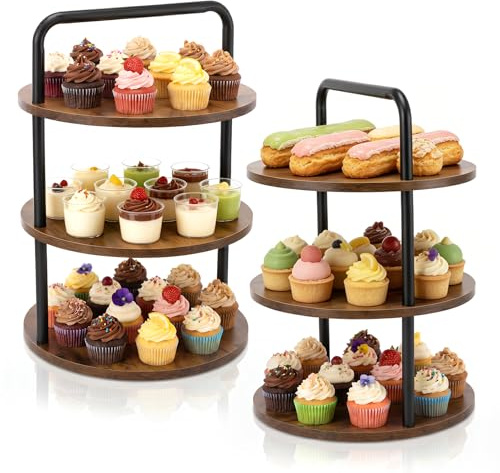 2PCS Wooden Cupcake Stand with Handle,3-Tier Large Cupcake Stand for 100 Cupcakes, Round Dessert Table Display Set Tower for Afternoon Tea Wedding Party Anniversary Farmhouse Decor