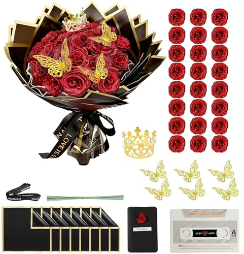 OFFAXE 24 bouquet di rose con glitter rossi, bouquet di rose rosse