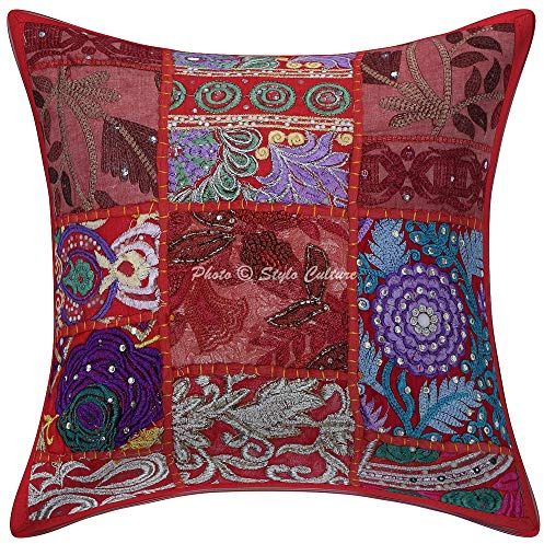 Stylo Culture Bohemio Fundas Almohadones Decorativa 30x30 cm Algodón Abstracto Fundas para Cojines Sofa Rojo 12x12 Inch Patchwork Vintage Cuadrado sobre Fundas para Cojines De Cama - 1 Pc