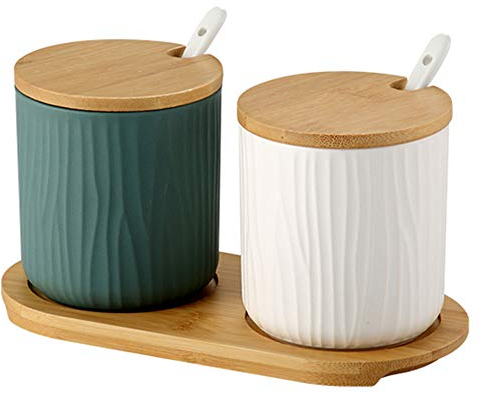 OnePine Juego de 2 Azucarero, azucarero de cerámica azúcar Pot con Tapa de bambú y Cuchara, Cocina