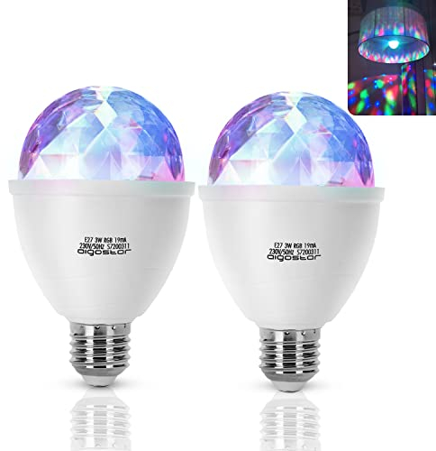 Aigostar LED Discolampe E27 3W RGB Discokugel 360° Rotierend LED-Partybeleuchtung Stimmungslicht Party Deko für Geburtstagsparty Hochzeitsfest Weihnachten Halloween, 2 Stück