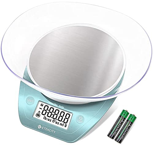 Etekcity 0.1g Food Scale, Bowl, Digital Grams and Ounces for Weight Loss, Dieting, Baking, Cooking, and Meal Prep, 11lb/5kg, Bright Blue