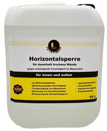 Leintrade Horizontalsperre (10L) Injektionsflüssigkeit, Dauerhafte Horizontalsperre für alle Mauerwerke, Wandabdichtung gegen aufsteigende Feuchtigkeit, wasserabweisend, Innen und außen anwendbar