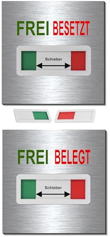 Frei-Besetzt-Belegt-Hinweisschild-Schild-mit Schieber rot/grün-100 x 100 x 3 mm-Türschild selbstklebend-Toilettenschild-Büroschild-Aluminium Edelstahloptik (1910-55 Frei/Besetzt)