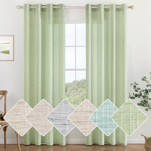 MIULEE Gardinen mit Ösen, Leinenoptik 140x145 cm Grün, 2er Set | Moderne Lichtdurchlässige Fensterschals für Wohnzimmer, Küche & Schlafzimmer, Durchscheinende Dekorative Schlaufenschal