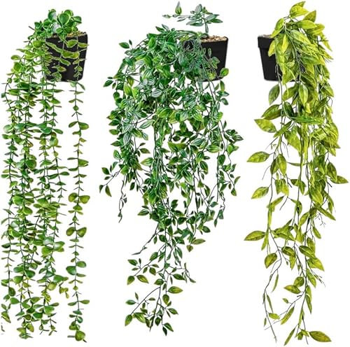 Superior Shine Artificial Hanging Plants,3 Pack Fake Hanging Plants with Pot,Greenery Faux Fake Ivy Decor, Fake Potted Plants for Home Decor Indoor Outdoor Wall Room Patio Office Table Shelf
