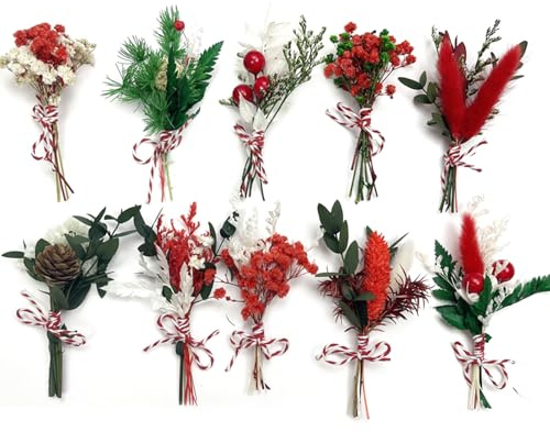 BFYDOAA 10 Stück Mini-Trockenblumensträuße,Künstliche Weihnachtsblumen-Picks,Gemischt mit Boho-Pampasgras,für Weihnachtsgeschenkboxen,Bastelarbeiten