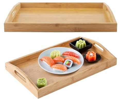 CHUIFAI 2 Stück 40 x 29 x 5 cm Bambus Tablett, Bambus Serviertablett mit Griffen, Holz Serviertablett Groß, Holztablett Rechteckig Bambustablett für Frühstück im Bett, Tee, Kaffee, Essen