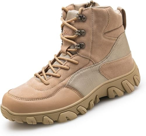 Mäns Utomhus Mid Top Taktiska Militära Stövlar Snörning Vandringskängor Med Sidodragkedja Ökenkängor Träningsskor A03, Beige, 11 UK