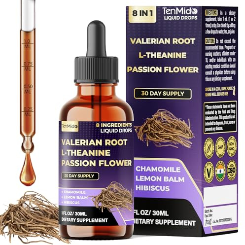 Tenmido Valerian Root Extract Liquid Drops - 8in1 with L-Theanine, Passion Flower, Chamomile, Lemon Balm, Hibiscus, Lavender, and Soursop - Relaxation Support - 30ml 1 Fl Oz