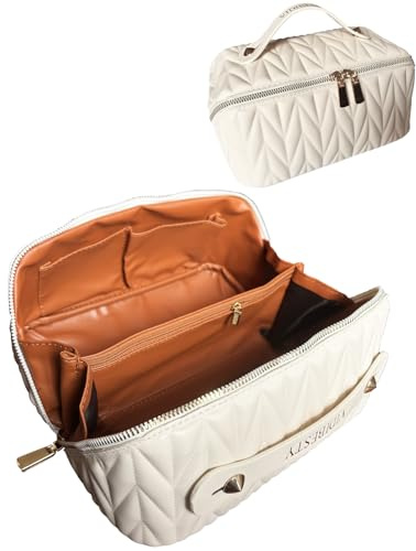 VIDIBESTY Travel Makeup Bag for Women, Large Capacity Cosmetic Bags for Girls, Compact Pouch Make up Organizer, Waterproof Toiletry Bag with Divider and Handle (Beige)