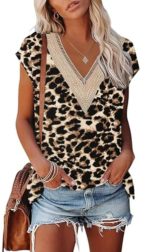 PLOKNRD Women T-Shirt Summer Lace V Neck Short Sleeve Top Black Leopard XXL
