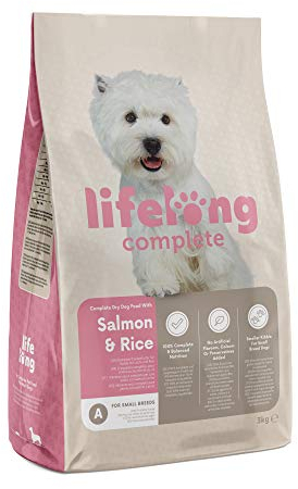 Amazon-Marke: Lifelong - Hundefutter für ausgewachsene Hunde (Adult) kleiner Rassen, Fein zubereitetes Trockenfutter mit Lachs und Reis, 3 kg (1er-Pack)